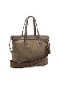 Olivengrüne Leder-Tote-Tasche mit doppelten Griffen, einem abnehmbaren braunen Tragegurt und strukturiertem Besatz. Verfügt über einen Quastenakzent und einen Reißverschluss.