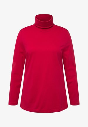 Rotes langärmliges Rollkragenoberteil aus weichem Stoff. Der Ausschnitt ist hoch und umgeschlagen, mit lockerer Passform und glatter, gleichmäßiger Textur.