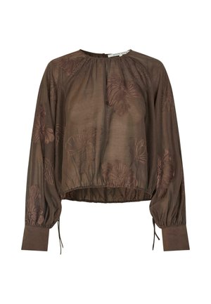 Blouse courte marron à manches longues, avec un col froncé et broderies florales. Présente un ourlet élastique et des liens aux poignets.