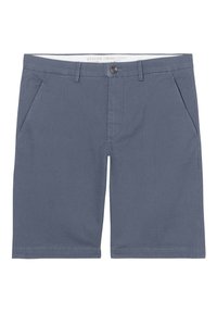 Chino-shorts i en medelgrå färg, tillverkade av textil med struktur. Har två sidofickor, knappstängning och rak passform med sydda fållar.