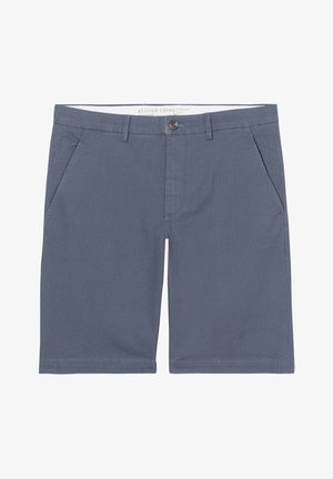 Chino-Shorts in einem mittelgrauen Farbton, aus strukturiertem Gewebe gefertigt. Sie verfügen über zwei Seitentaschen, einen Knopfverschluss und eine gerade Schnittform mit genähten Säumen.