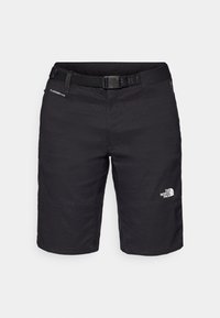 Shorts de randonnée noirs en matériau léger, dotés d'une ceinture, de coutures détaillées et d'un logo sur la jambe droite.