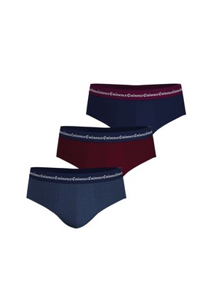 Trois paires de slips pour hommes en bleu marine uni, bordeaux uni et bleu marine avec un petit motif à pois, tous avec une ceinture élastique de marque.