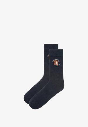 Navy blue cotton blend socks with a ribbed cuff, featuring an embroidered panettone design and green leaf accents.