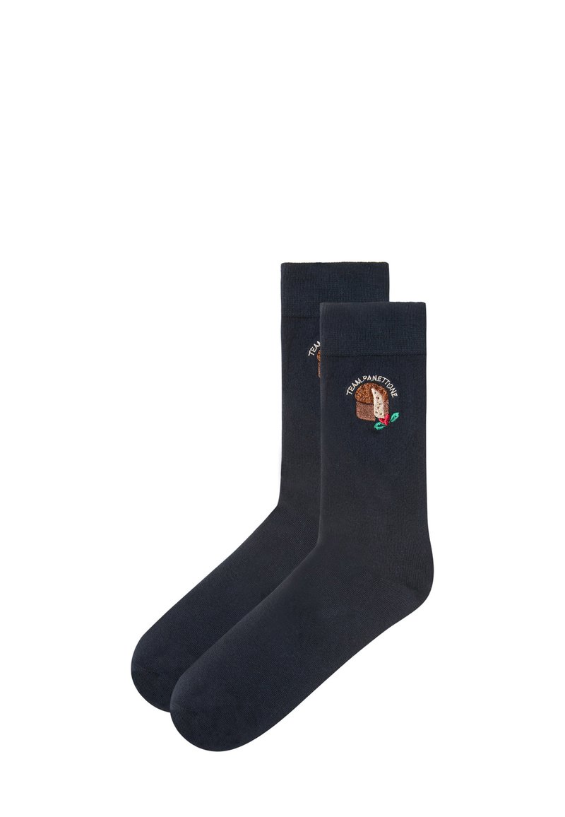 Marineblå sokker i bomuldsblanding med ribbet manchet, som har et broderet panettone-design og grønne bladsmykker.