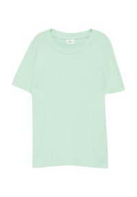 T-shirt a righe verde menta con maniche corte, scollatura rotonda e vestibilità morbida. Senza motivi o dettagli notevoli. Materiale in cotone morbido.