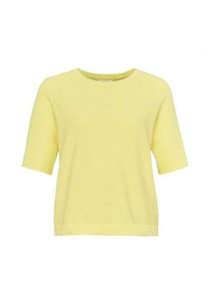 Yellow short-sleeve knit top featuring a round neckline, textured diagonal pattern, and a relaxed fit, designed for comfort and versatility.