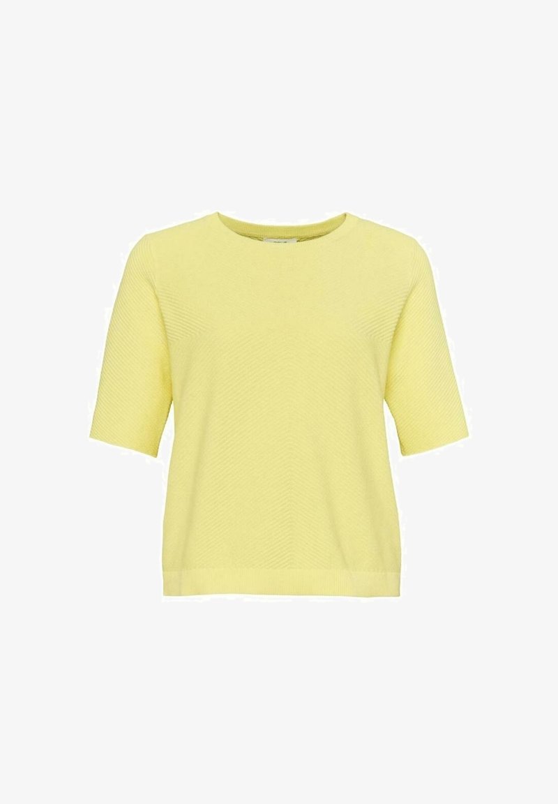 Gul kortærmet strik bluse med rund halsudskæring, struktureret diagonal mønster og løs pasform, designet til komfort og alsidighed.