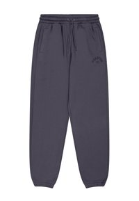 Pantalons de jogging gris foncé en tissu doux, avec une taille élastique et cordon de serrage, poches latérales et un logo discret.