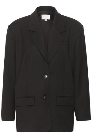 Black blazer, featuring notched lapels, two front pockets, and two buttons. Smooth fabric with a tailored fit and structured shoulders.