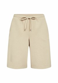 Pantaloni corti in cotone beige con vita elastica e coulisse regolabile. Presentano una linea dritta e nessun motivo o dettaglio visibile.
