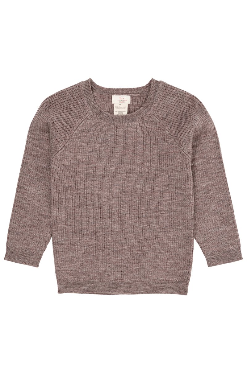 Brązowy sweter z dzianiny z raglanowymi rękawami, prążkowaną fakturą, okrągłym dekoltem i metką wewnątrz przy szyi. Prosty, płaski design bez ozdób.