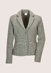 Grijze damesblazer met drie metalen knopen, met een notch lapel kraag, lange mouwen en twee voorzakken met afwerking.