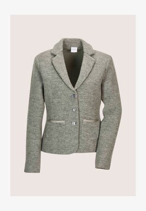 Grijze damesblazer met drie metalen knopen, met een notch lapel kraag, lange mouwen en twee voorzakken met afwerking.