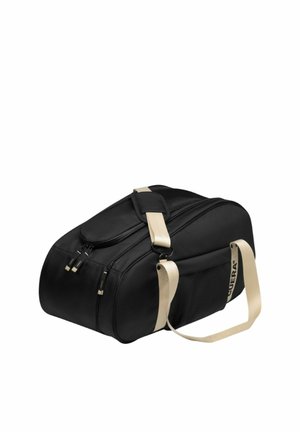 Borsa sportiva nera con tracolla beige regolabile e scomparti con cerniera, mostrata su sfondo bianco.