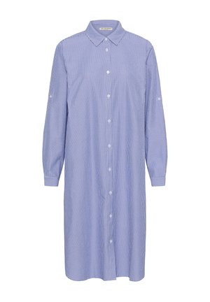 Sinisessä ja valkoisessa ohutraidallisessa, pitkähihaisessa, polvipituusisessa paitamekossa on napitettava etuosa, kaulus ja hihansuut.