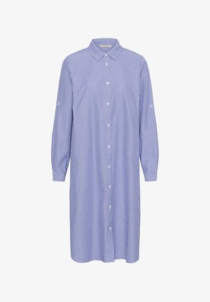 Zilā un baltā krāsā ar smalkām svītrām, ar garām piedurknēm, līdz ceļiem garš krekla kleita ar apkakli un aproču piedurknēm.