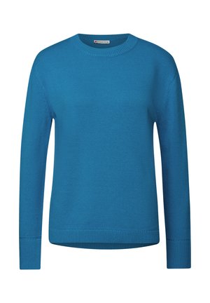 Blauer Strickpullover mit rundem Halsausschnitt, langen Ärmeln sowie gerippten Bündchen und Saum. Glatte Textur, lässige Passform. Keine sichtbaren Muster oder Akzente.