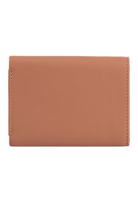 Brown leather wallet with a smooth texture, rectangular shape, and subtle stitching on the sides. No visible logos or hardware details.