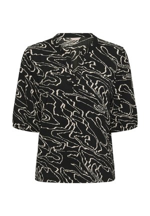 Blouse noire à manches mi-longues amples avec un motif abstrait de lignes ondulées beiges, dotée d'un petit col en V.