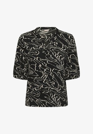 Blouse noire à manches mi-longues amples avec un motif abstrait de lignes ondulées beiges, dotée d'un petit col en V.