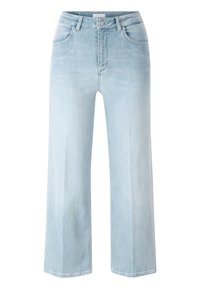 Jeans de pierna ancha azul claro fabricados en denim. Cuentan con una cintura alta, cinco bolsillos y un cierre de botón. Textura suave con un desvanecimiento mínimo.