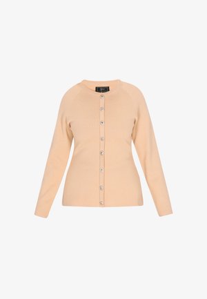 Persikka neulecardigan pitkillä hihoilla, pyöreällä pääntiellä ja nappikiinnityksellä. Varustettu metallinapeilla ja sileällä, pehmeällä pinnalla.