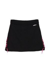 Gonna mini nera in maglia con elastico a costine e dettagli con lacci rosa sui lati; presenta una texture liscia e una forma aderente.