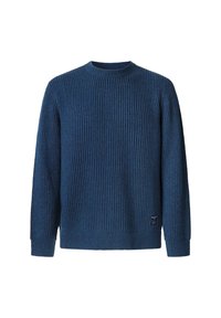 Maglione a coste di colore blu scuro, con collo a giro e maniche lunghe. La trama è morbida con un motivo sottile, incluso un dettaglio con etichetta nella parte inferiore.
