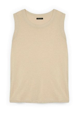 Beige ærmeløs striktop med rund halsudskæring og tekstureret stof, lagt fladt mod en hvid baggrund.