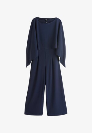 Laivastonsininen, leveälahkeinen haalari, jossa on pitkät, liehuvat hihat ja lyhyt päällyspaita, valmistettu sileästä kankaasta.