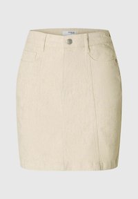 Beige denim mini seelik, mis on väljakujunenud disainiga, esikottide, nupuga kinnituse ja peene tekstuuriga mustriga.