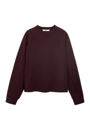 Burgundy sweatshirt with a relaxed fit, ribbed neckline, and long raglan sleeves. Smooth texture and cropped hemline. No patterns or hardware.