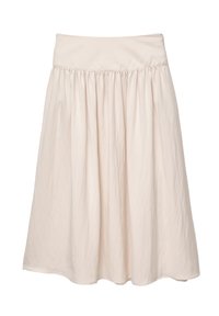 Light beige skirt with a wide waistband, gathered texture, and a flared silhouette, made from lightweight fabric. No patterns or accents.
