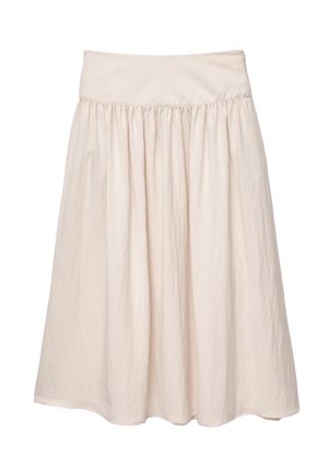 Gonna leggera beige chiaro con una cintura larga, texture arricciata e silhouette svasata, realizzata in tessuto leggero. Senza motivi né accenti.