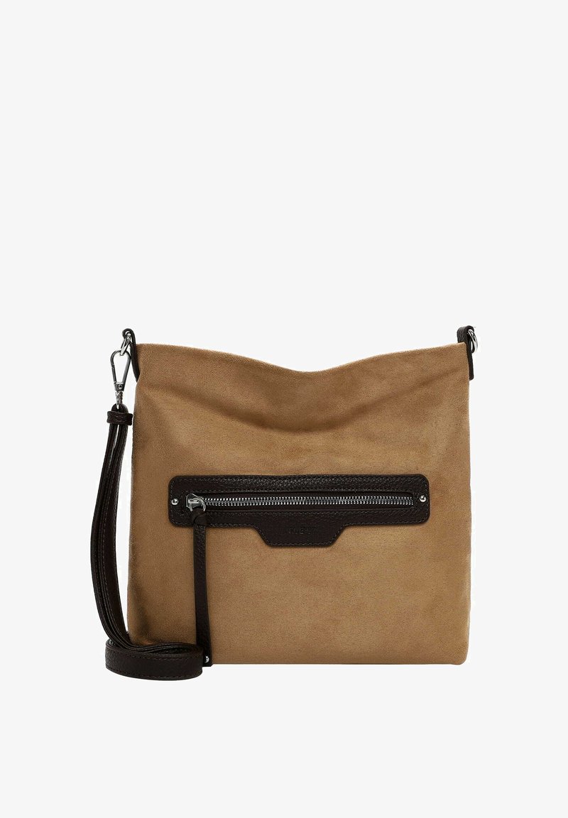 Brown suede crossbody bag with dark brown leather zipper pocket on front and detachable shoulder strap with metal clasp.