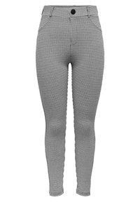 Zwarte en witte houndstooth-patroonbroek met een strak ontwerp, knoopsluiting en voorzakken. Zachte stof met een gladde textuur.