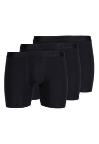 Three pairs of black boxer briefs with a snug fit, featuring an elastic waistband embossed with the brand name "FINNI." Smooth fabric texture.