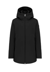 Zwarte capuchonjack met een ritssluiting aan de voorkant. Heeft een gladde textuur en een eenvoudig ontwerp. Inclusief zijzakken en minimale accenten.