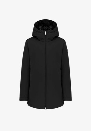 Czarna kurtka z kapturem, zapinana na zamek błyskawiczny z przodu. Posiada gładką fakturę i prosty design. Zawiera boczne kieszenie i minimalne akcenty.