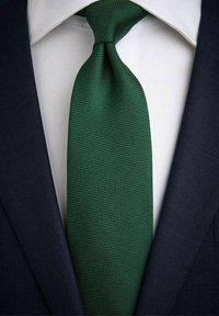 Grön slips med en strukturerad yta, knuten runt halsen, i kombination med en vit skjorta och en mörk kavaj, vilket visar en klassisk och elegant look.