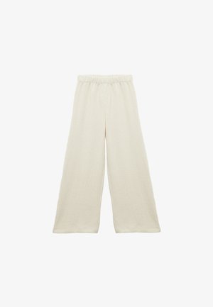 Cremefarvede brede bukser med elastisk talje, struktureret stof og en afslappet pasform.