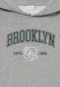 Felpa grigia con cappuccio caratterizzata dalla scritta "BROOKLYN" in testo ricamato verde scuro, con un grafiche a forma di scudo sotto. Il materiale è morbido con una texture liscia.