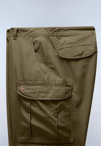 Pantalon cargo marron avec plusieurs poches, dont une poche à rabat ornée d'un petit écusson du drapeau norvégien.