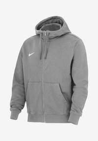 Felpa grigia con zip, dotata di tasche frontali, cappuccio regolabile con cordino, polsini a coste e piccolo logo Nike bianco sul petto sinistro.