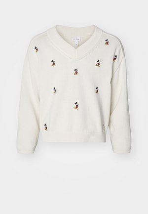 Pull blanc à col en V avec plusieurs petites figures de Mickey Mouse brodées, réparties uniformément sur le devant et les manches.