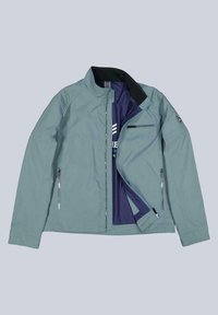 Hellgrüne, mit Reißverschluss versehene Jacke mit Stehkragen und innerem dunkelblauem Futter. Verfügt über Reißverschlusstaschen und ein Logo-Patch am Ärmel.