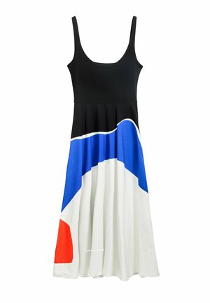 Rochie neagră fără mâneci cu fustă în evazare, prezentând modele abstracte în nuanțe de albastru, alb și roșu. Material neted cu un corset mulat.