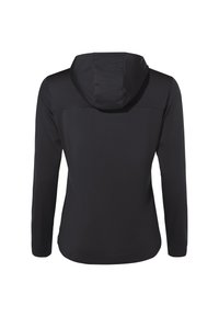 Giacca nera a maniche lunghe con cappuccio, caratterizzata da una texture liscia, con una cucitura distintiva sulle spalle e un piccolo accent green all'orlo.