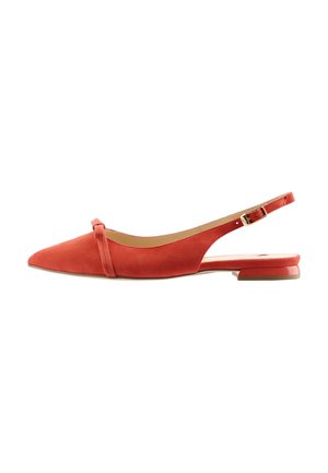 Red suede slingback flat with a pointed toe, decorative knot detail on the upper, and a low, clear heel. Smooth inner lining.